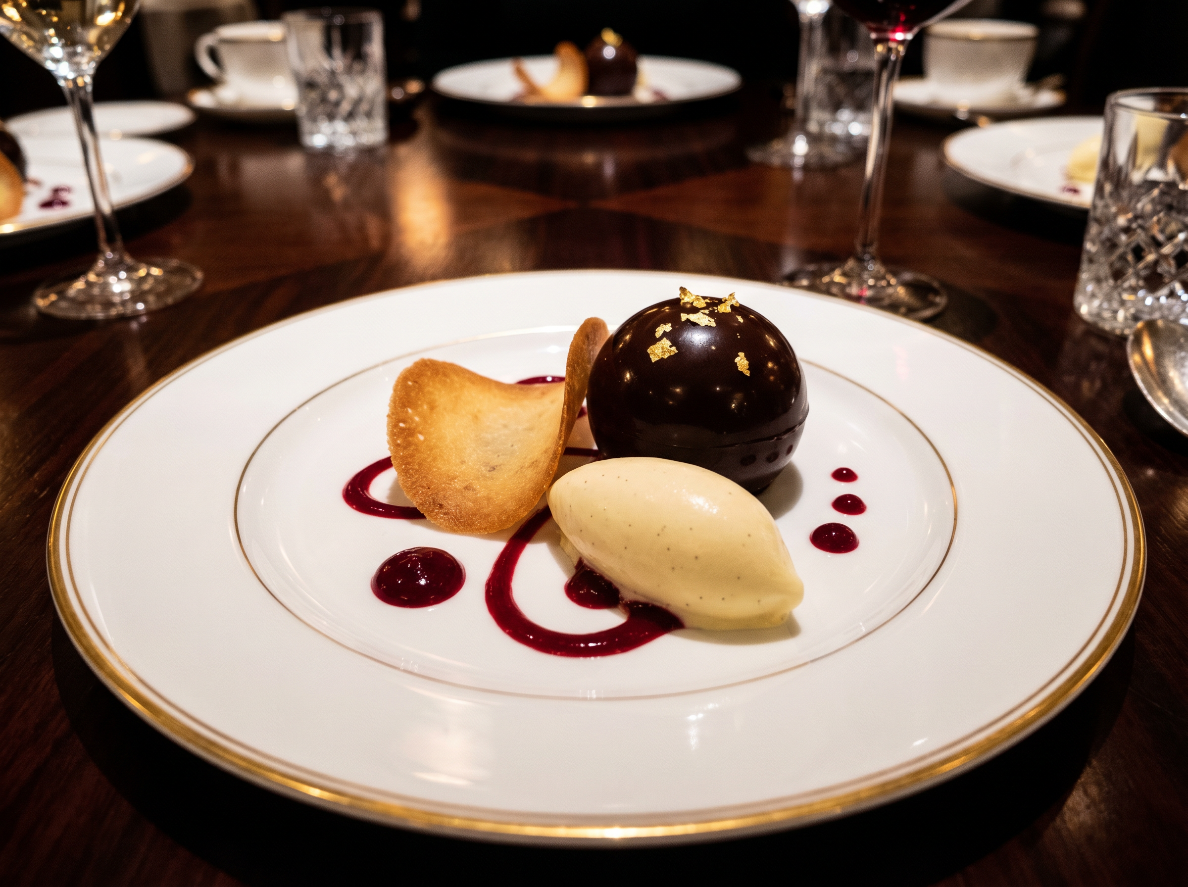 Fine dining dessert with gold leaf